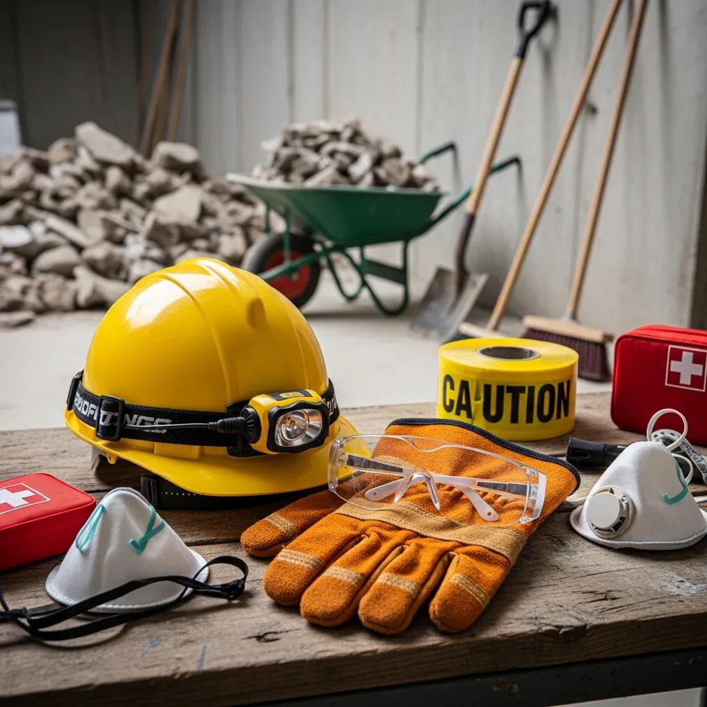 Safety gear for construction debris removal, including a yellow hard hat with headlamp, protective goggles, orange gloves, caution tape, and masks, with construction debris in the background.