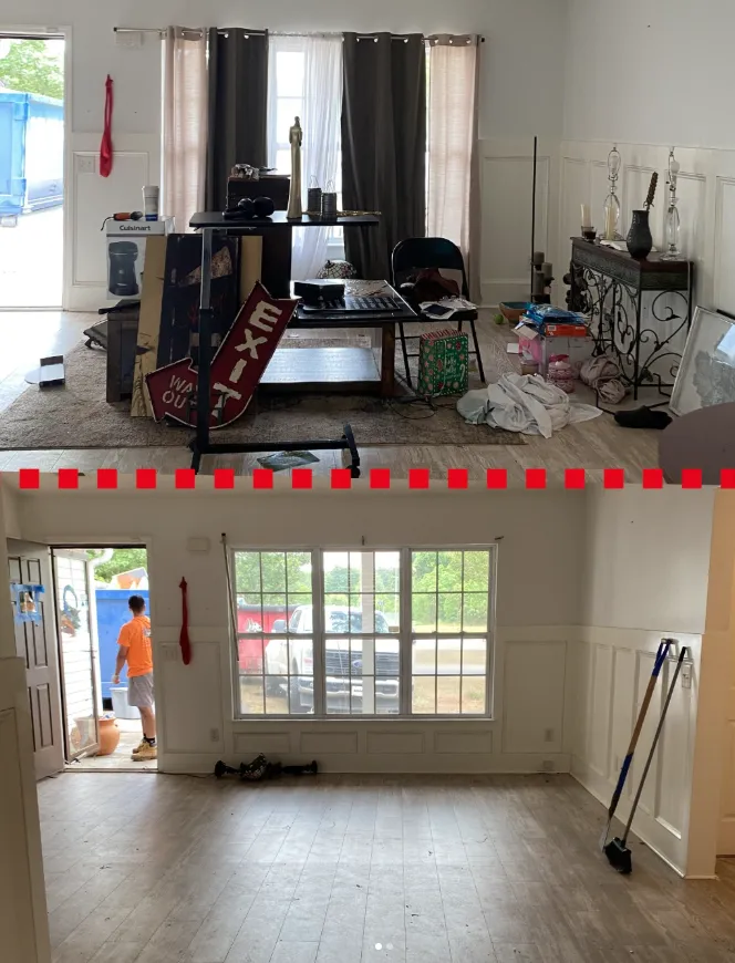 Before and after image showcasing a house cleanout by Load N Go Junk Removal